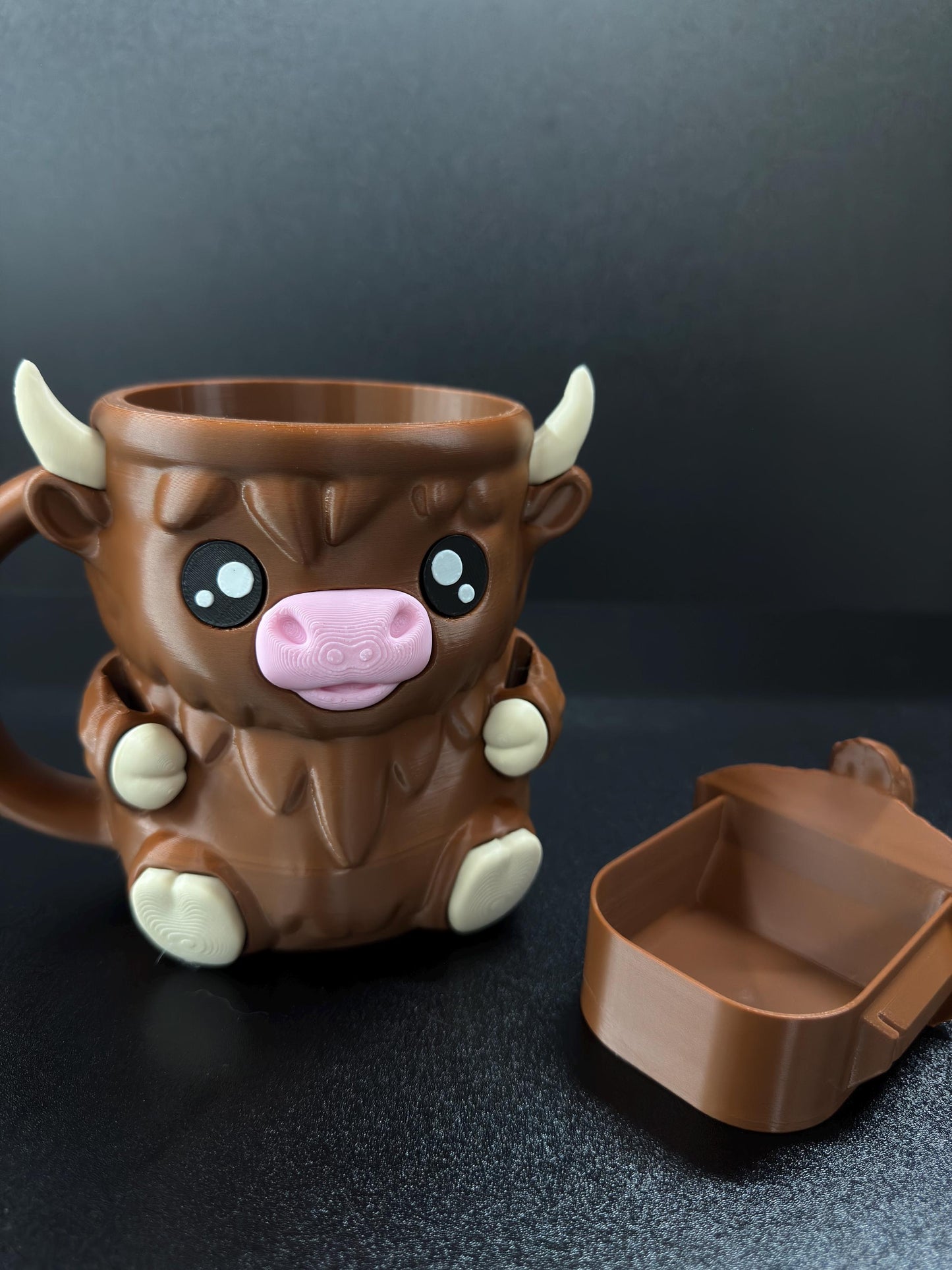 Highland Cow Ice Cream Pint Holder 3D Printed Cow with Spoon Slots & Hidden Drawer Cute Gift for Ice Cream Lovers