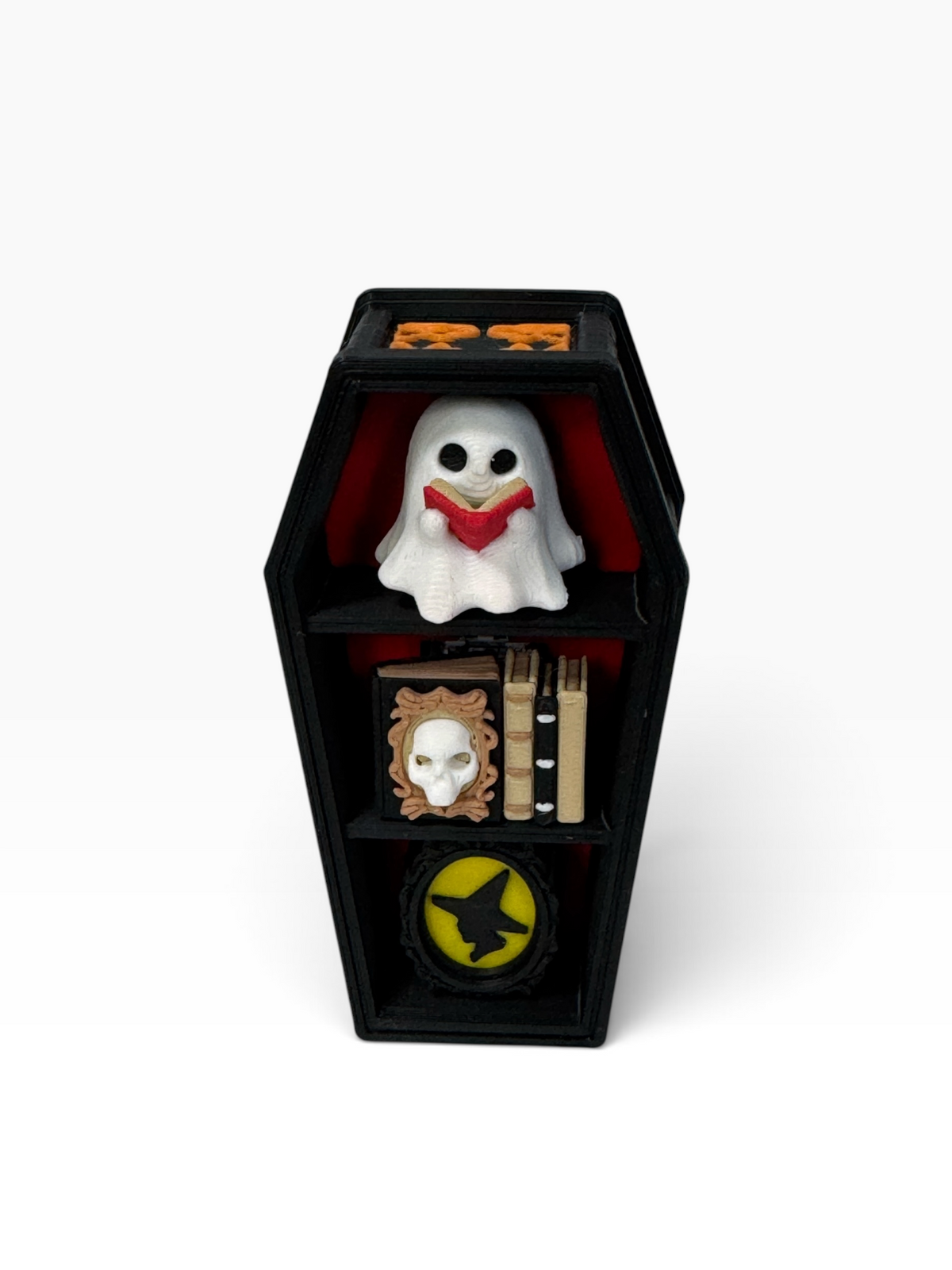 Haunted Coffin Bookshelf Clicker with Reading Ghost