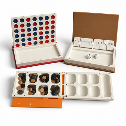 Three book-shaped game options: Mancala, Four in a Row, and Shut the Box