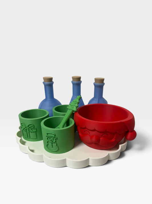 Santa Christmas potion making set with blue bottles green cups spoon Santa bowl and tray